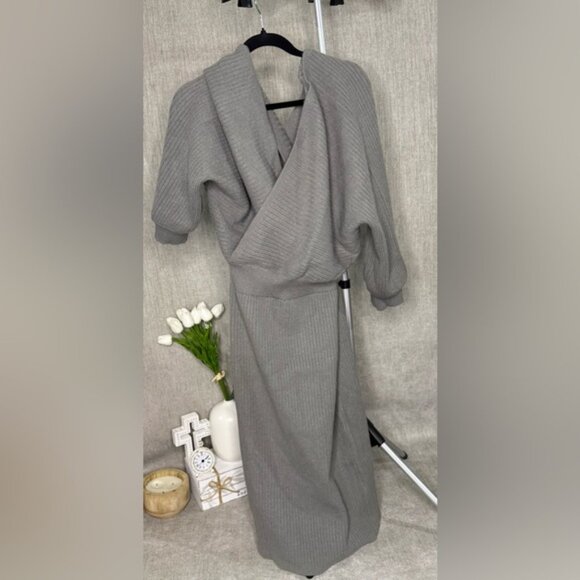 Cider Ribbed Knit Wrap Midi Dress 1XL Gray Long Sleeve Slit NWT Cozy Chic - Picture 2 of 4